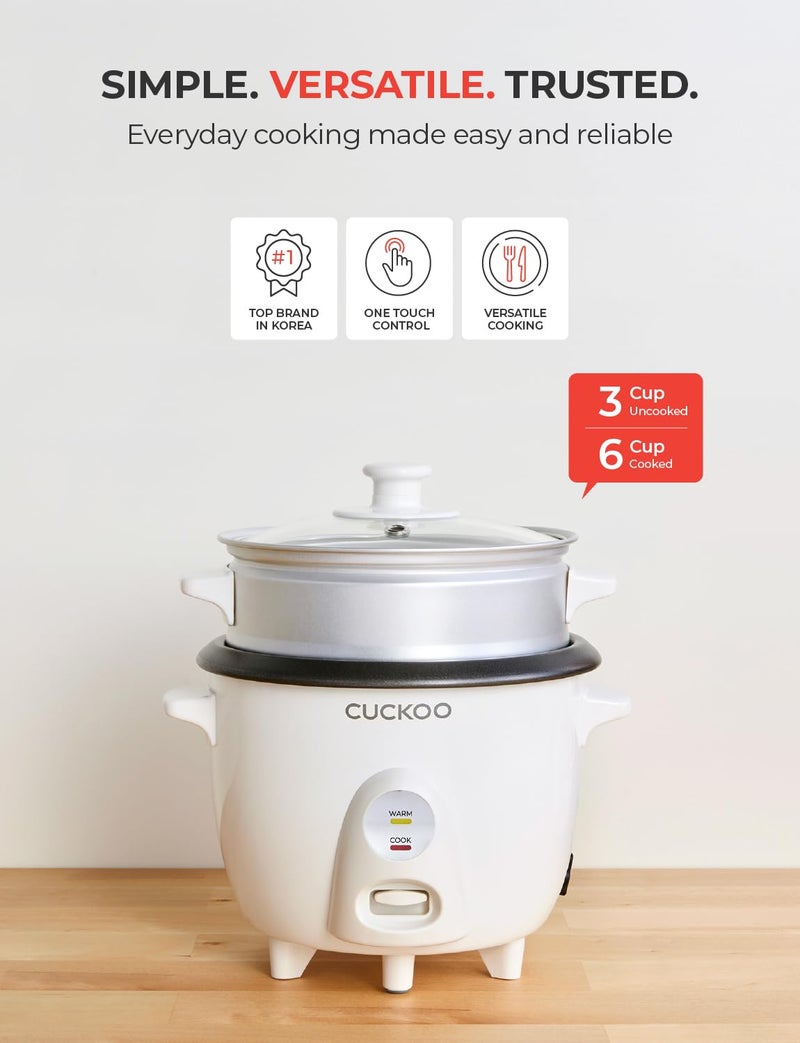 Cuckoo One Touch Rice Cooker 3-Cup (Uncooked) / 6-Cup (Cooked), Mini Rice Cooker & Warmer with Steamer Tray, Versatile Grain Cooker, Soup Maker, Auto Keep Warm, White (CR-0301C) - Image 2